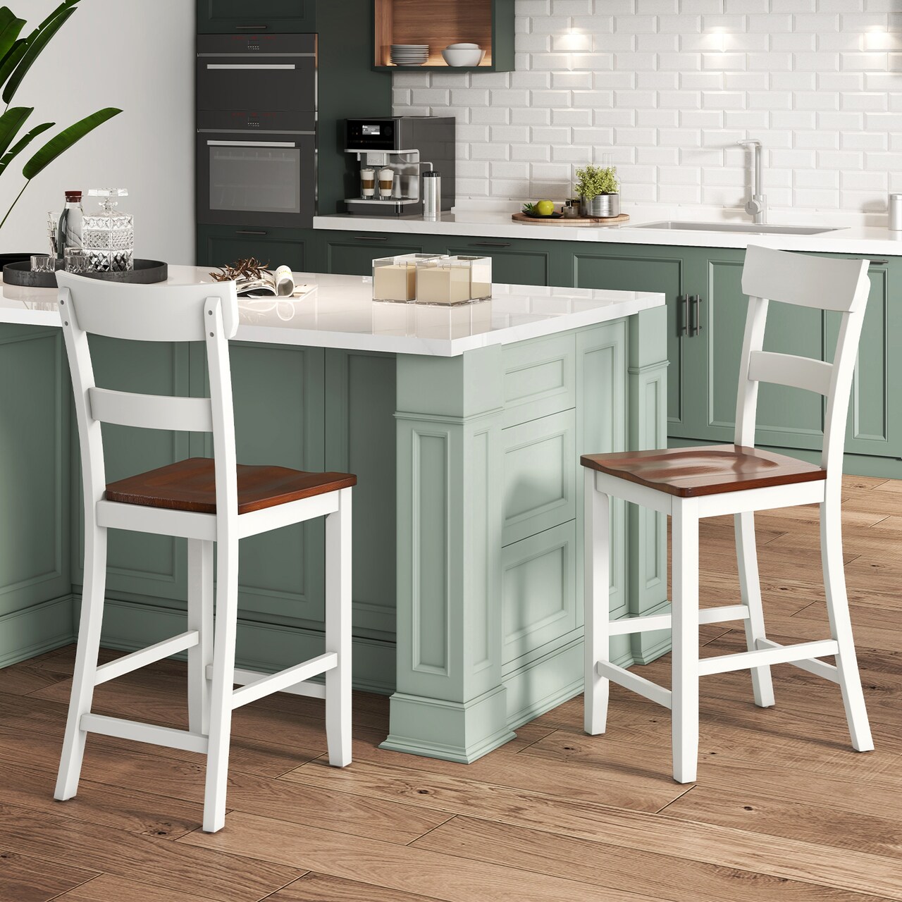 24.5" Tall White Bar Stools Set of 2 Rubber Wood Counter Chairs with Supportive Back and Footrests